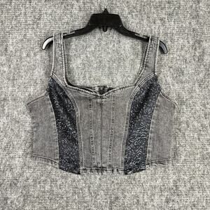 Bebe Shirt Womens XL Gray Lace Insert Denim Bustier Stretch Cropped Tank Top